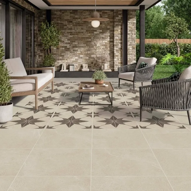 Bellevue Star Decor Ivory Matt Stone Effect Porcelain Outdoor Slab Tile