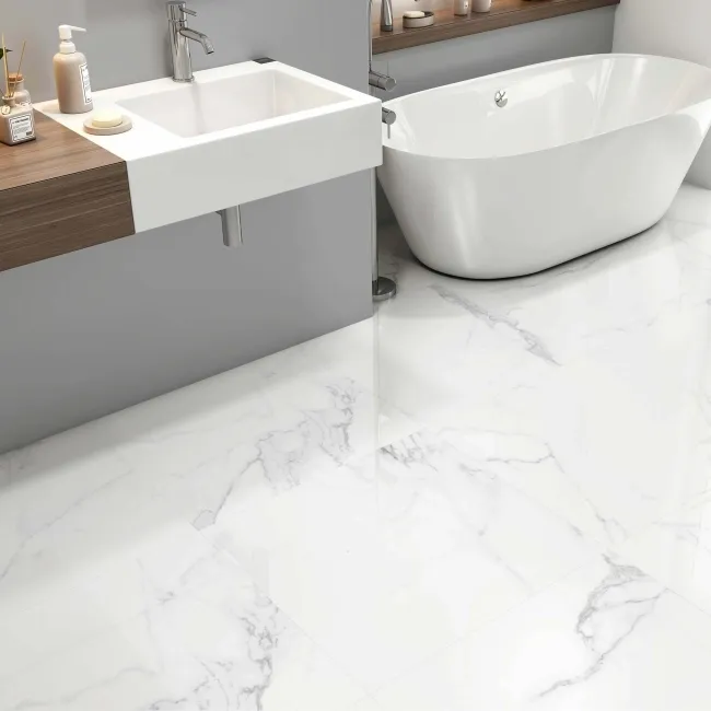 Carrara White Gloss Marble Effect Floor Tile