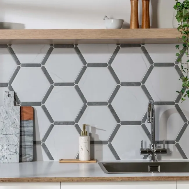 Fusion White Marble Effect & Stone Border Hexagon Tile