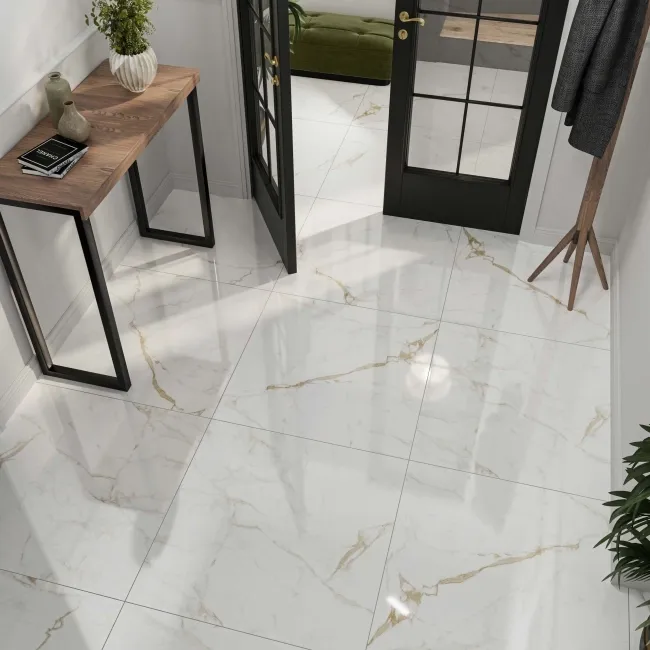 Carrera Gold Marble Effect Rectified Large Polished Porcelain Floor Tile