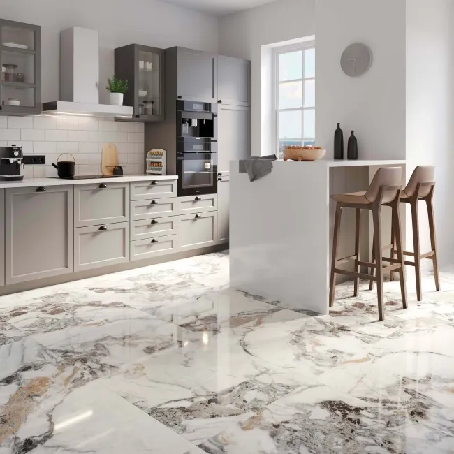 Detroit White Marble Effect Polished Porcelain Floor Tile