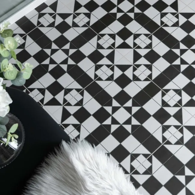 Devon Black & White Victorian Patterned Matt Ceramic Floor Tile