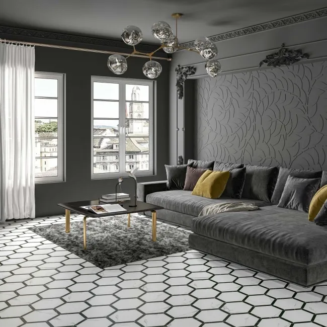 Fusion White Marble Effect & Black Border Hexagon Tile