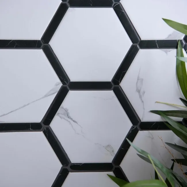 Fusion White Marble Effect & Black Border Hexagon Tile