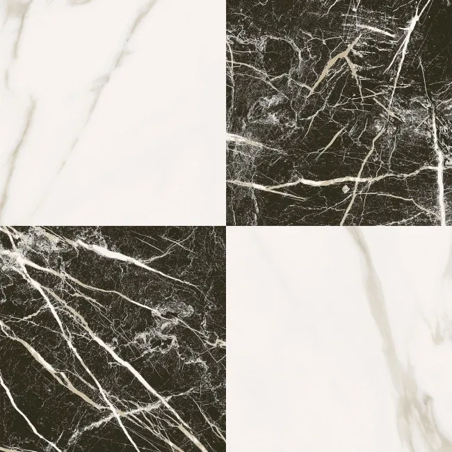 Marble Chess Effect Black & Golden White Matt Porcelain Tile