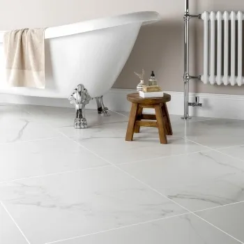 Carrara White Matt Marble Porcelain Floor Tile 605x605 Bathroom Roomset
