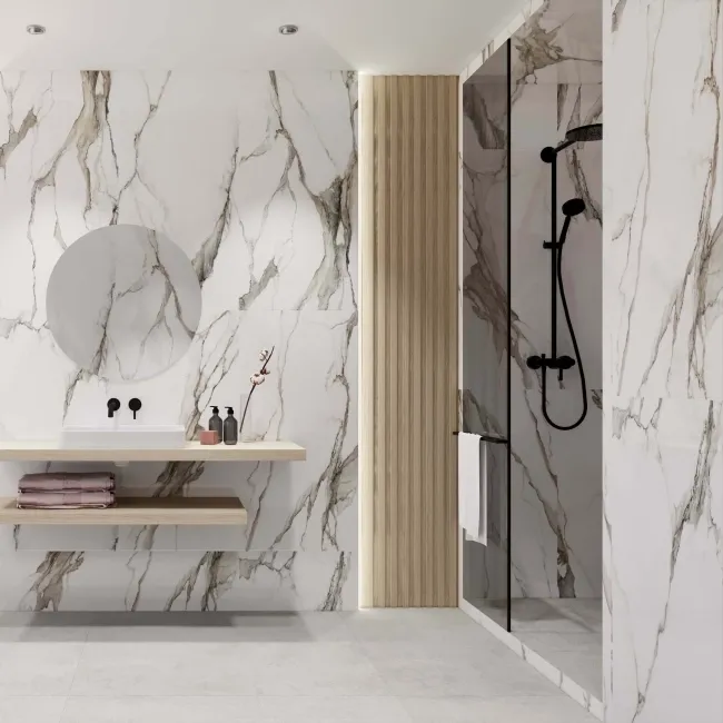 Fantasy Calacatta Taupe Polished Marble Effect Porcelain Wall and Floor Tile