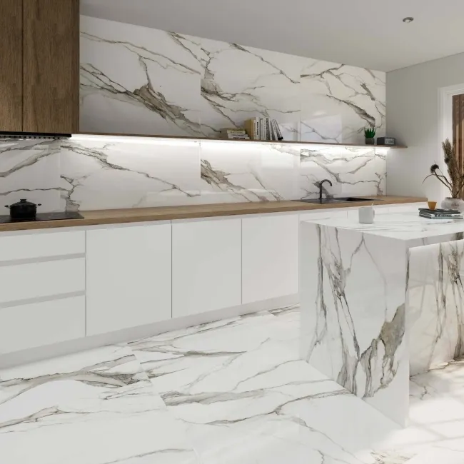 Fantasy Calacatta Taupe Polished Marble Effect Porcelain Wall and Floor Tile