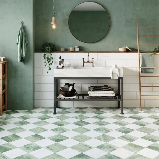 Marble Chess Effect Green & White Matt Porcelain Tile