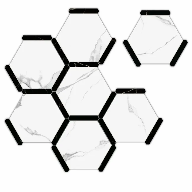 Fusion White Marble Effect & Black Border Hexagon Tile