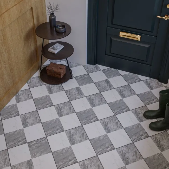 Marble Chess Effect Grey & White Matt Porcelain Tile