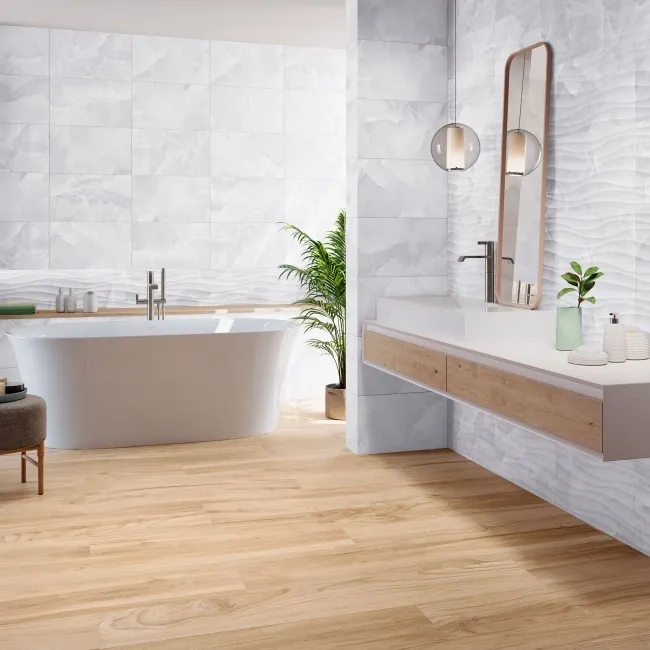 Garner White Onyx Marble Effect Gloss Ceramic Wall Tile