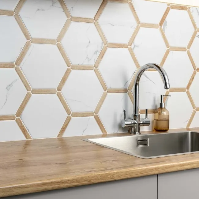 Fusion White Marble Effect & Oak Border Hexagon Tile