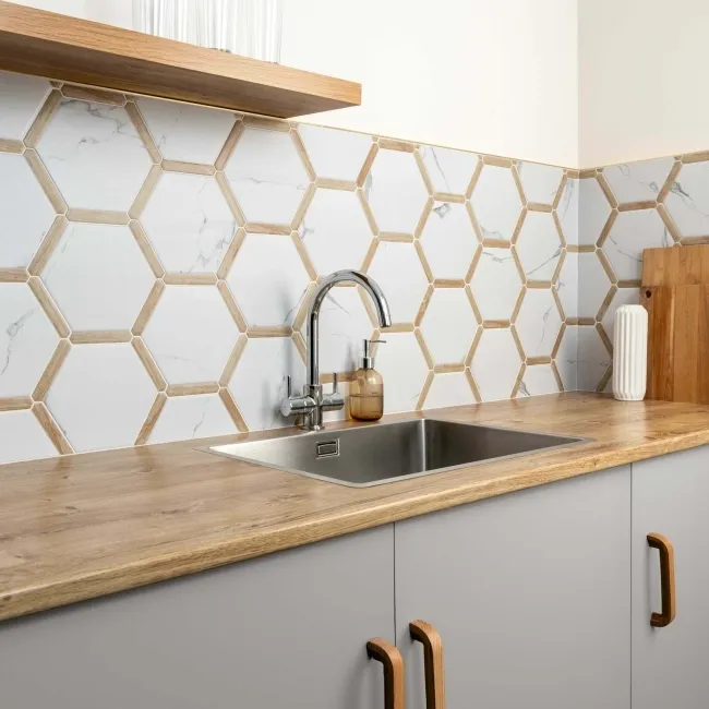 Fusion White Marble Effect & Oak Border Hexagon Tile