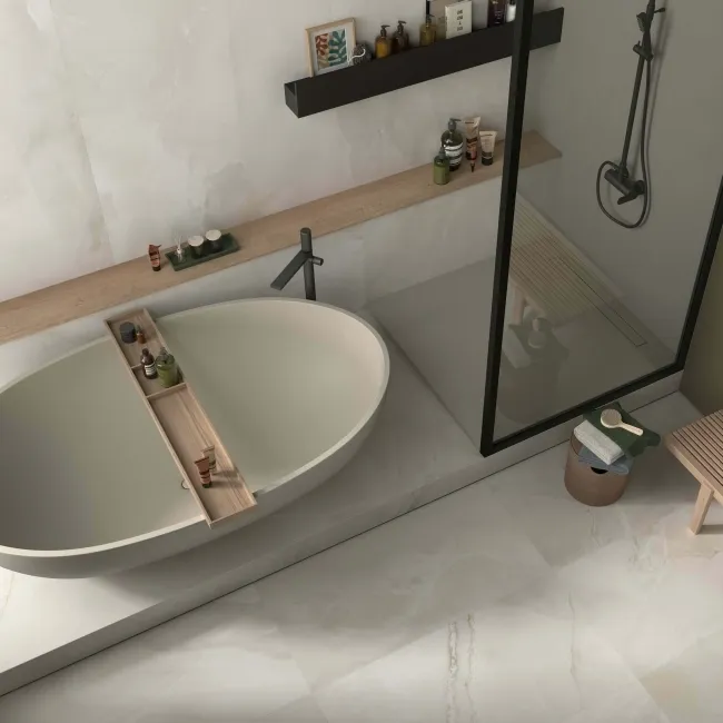 The Room White Onyx Marble Effect Matt Porcelain Wall and Floor Tile