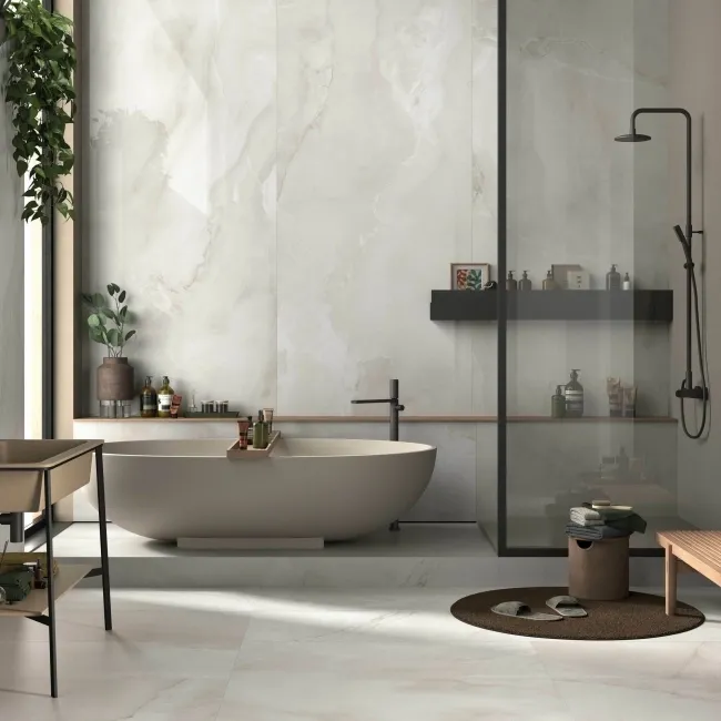 The Room White Onyx Marble Effect Polished Porcelain Wall and Floor Tile