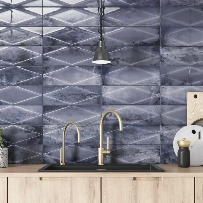 Zellige Navy Blue Diamond Decor Gloss Porcelain Tile