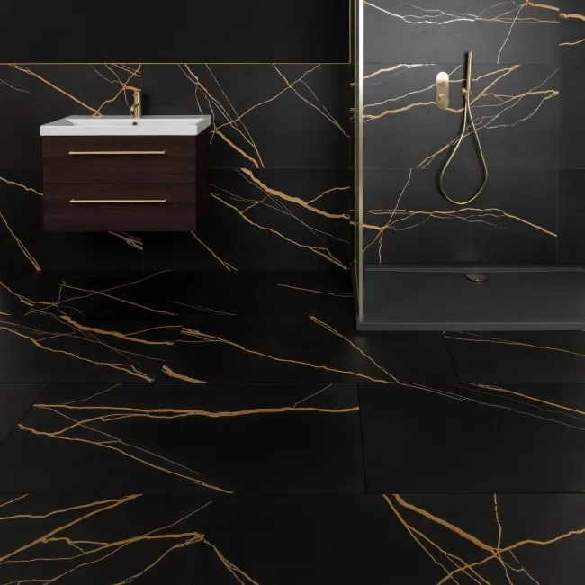 Da Vinci Golden Black Marble Effect Semi Polished Porcelain Tile