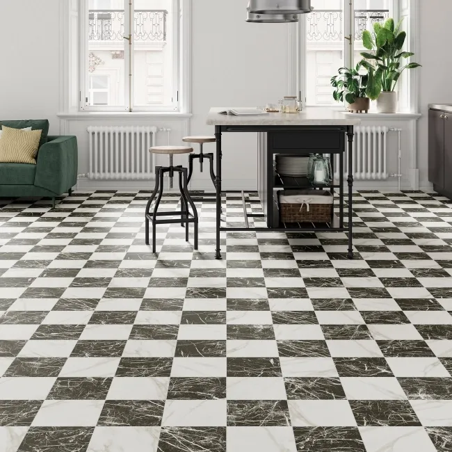 Marble Chess Effect Black & Golden White Matt Porcelain Tile
