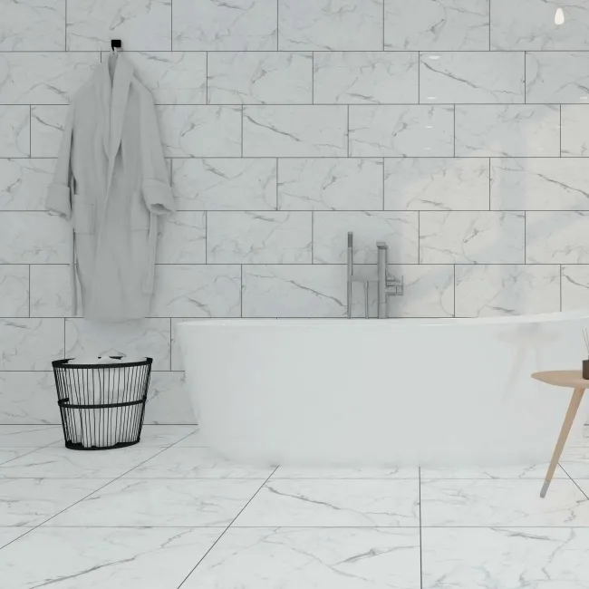 Carrera White Marble Effect Polished Porcelain Wall and Floor Tile