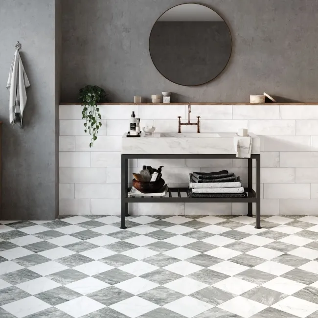 Marble Chess Effect Grey & White Matt Porcelain Tile