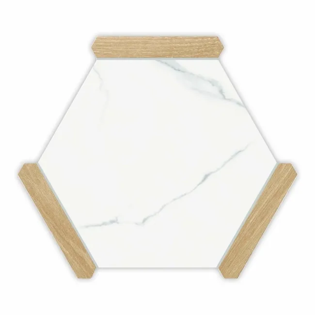 Fusion White Marble Effect & Oak Border Hexagon Tile