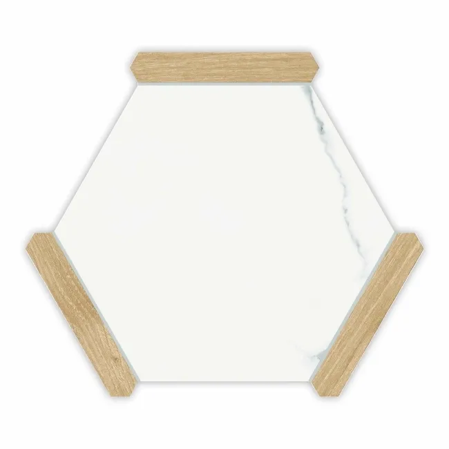 Fusion White Marble Effect & Oak Border Hexagon Tile