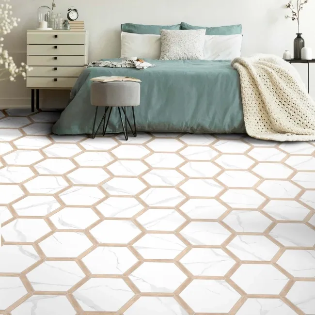 Fusion White Marble Effect & Oak Border Hexagon Tile