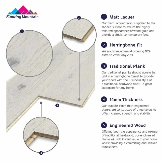 Gaize Light Grey Oak Engineered Flooring 14mm Herringbone Lacquered