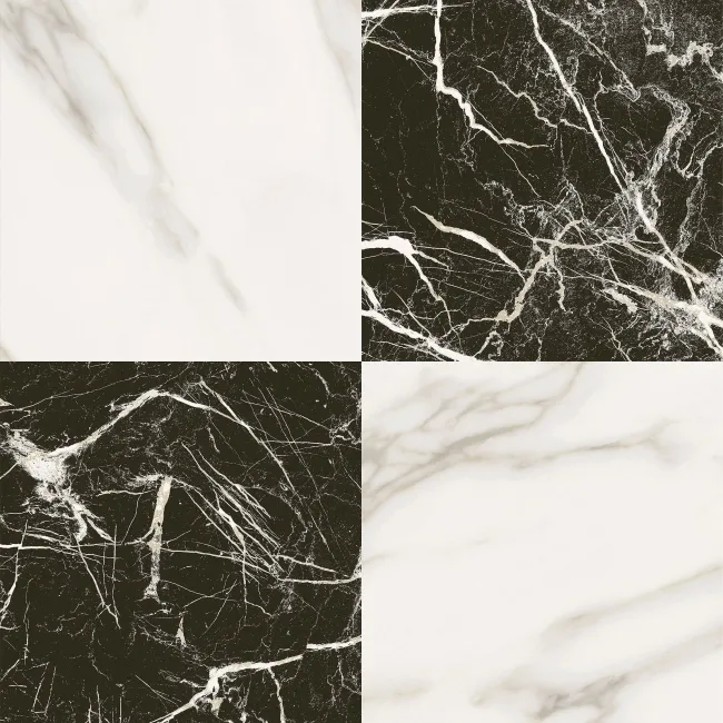 Marble Chess Effect Black & Golden White Matt Porcelain Tile