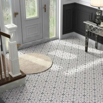 Brighton Grey Pattern Porcelain Floor Tiles 450x450 Hallway Roomset