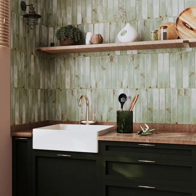 Cool Sage Green Brick Effect Matt Ceramic Wall Tile
