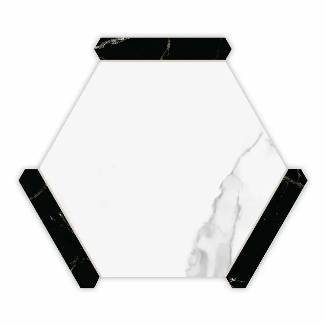 Fusion White Marble Effect & Black Border Hexagon Tile