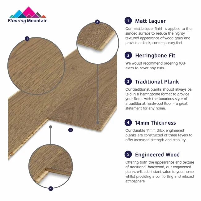 Gaize Dark Oak Engineered Flooring 14mm Herringbone Lacquered