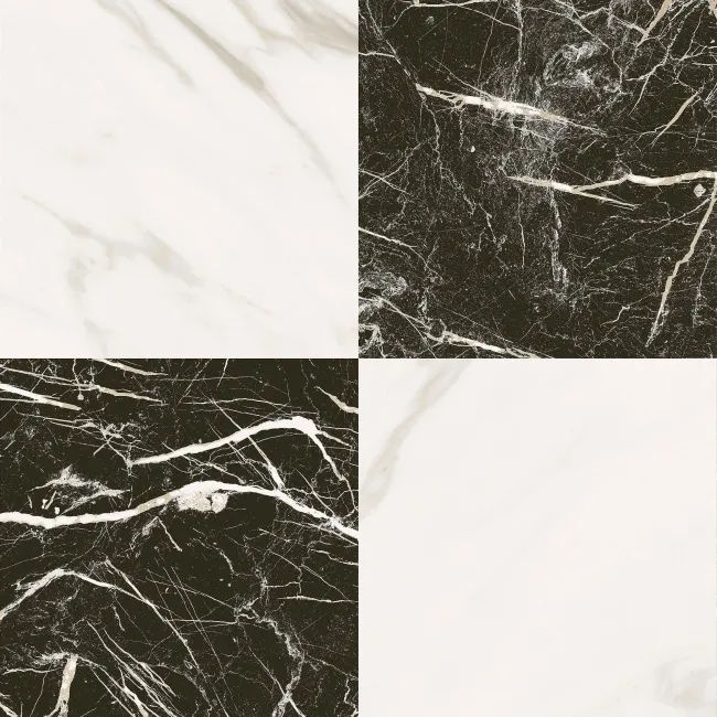 Marble Chess Effect Black & Golden White Matt Porcelain Tile