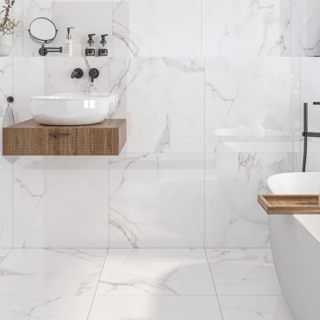 Carrara White Gloss Marble Effect Rectified Vitrified Ceramic Floor Tile