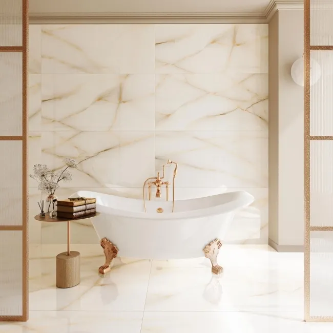 Classic Cream Onyx Marble Effect Polished Porcelain Tile