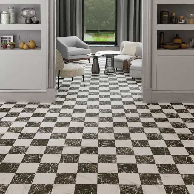 Marble Chess Effect Black & Golden White Matt Porcelain Tile