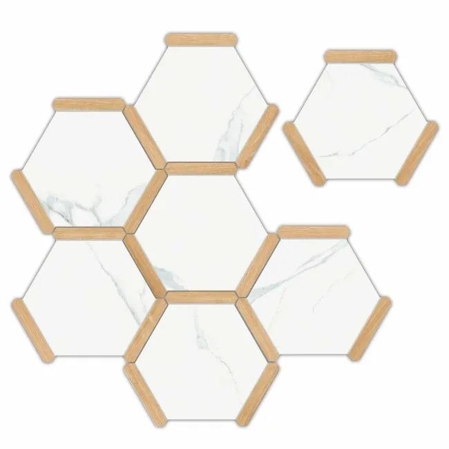Fusion White Marble Effect & Oak Border Hexagon Tile