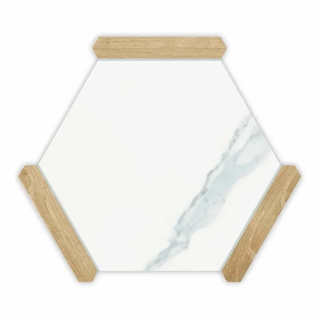 Fusion White Marble Effect & Oak Border Hexagon Tile