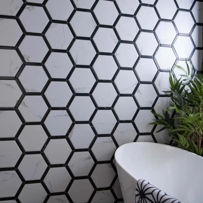 Fusion White Marble Effect & Black Border Hexagon Tile