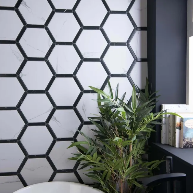 Fusion White Marble Effect & Black Border Hexagon Tile