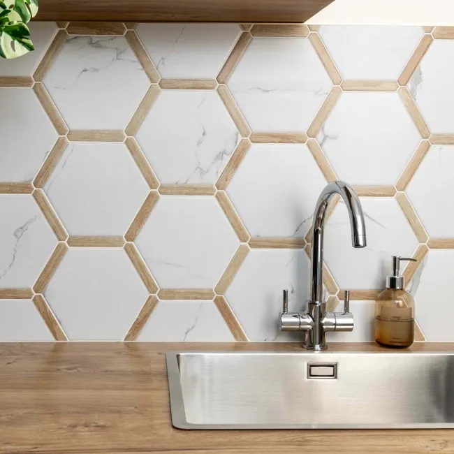 Fusion White Marble Effect & Oak Border Hexagon Tile