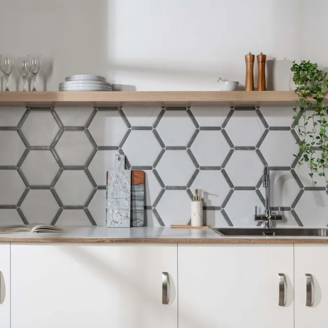 Fusion White Marble Effect & Stone Border Hexagon Tile
