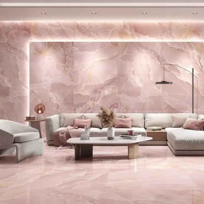 Onyx Marble Effect Rose Pink Polished Porcelain Wall and Floor Tile