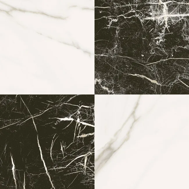 Marble Chess Effect Black & Golden White Matt Porcelain Tile