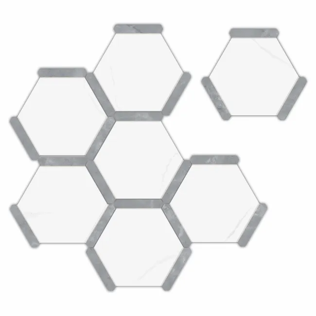 Fusion White Marble Effect & Stone Border Hexagon Tile