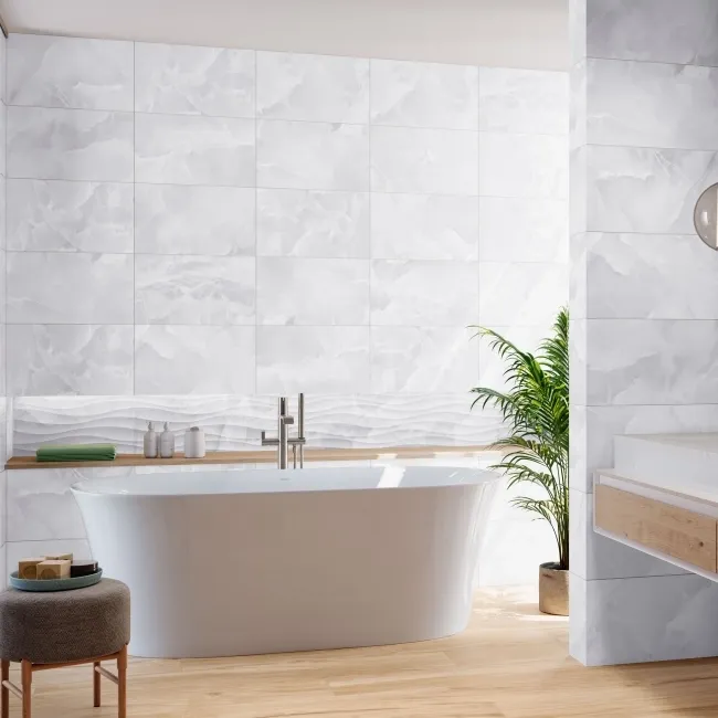 Garner White Onyx Marble Effect Gloss Ceramic Wall Tile