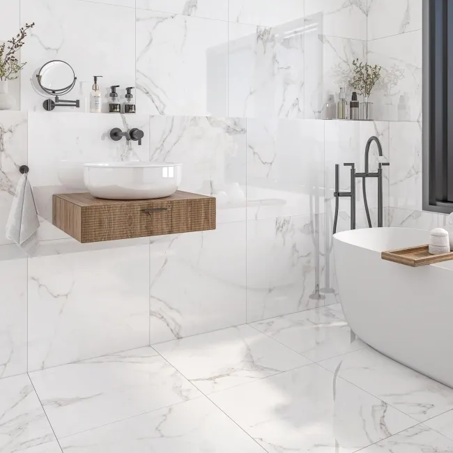 Carrara White Gloss Marble Effect Rectified Vitrified Ceramic Floor Tile