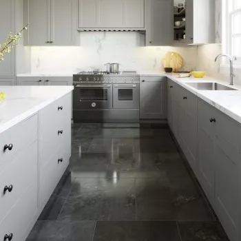 Muse Dark Grey Polished Floor Tiles 600x600 Kitchen Roomset